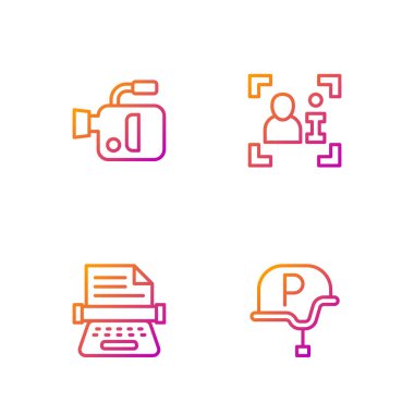 Set hattı savaş muhabiri, Retro daktilo, sinema kamerası ve televizyon raporu. Renk simgeleri. Vektör