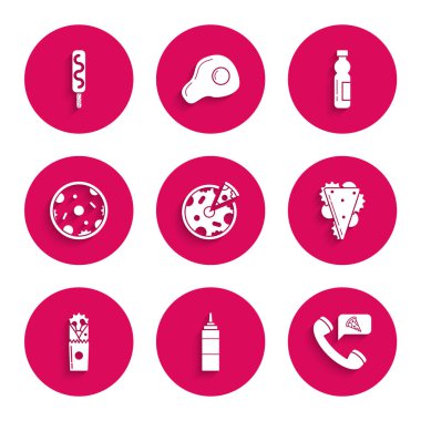 Pizza, sos şişesi, pizza siparişi, sandviç, çörek kebabı, bir şişe su ve dondurma ikonu. Vektör