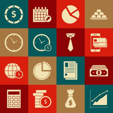 Pasta grafiği bilgisini, kağıt para destesini, cep telefonunu ve kredi kartını, saati, dolar sembollü sikkeyi ve kravat simgesini ayarla. Vektör