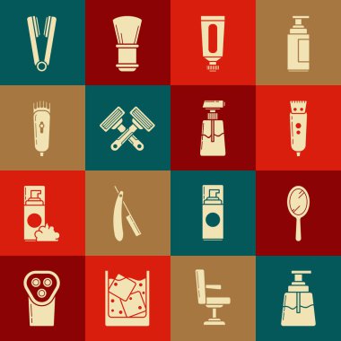 Tıraş losyonu, el aynası, elektrikli saç kesme makinesi, krem losyon kozmetik tüp, traş jileti, saç maşası ve ikon. Vektör