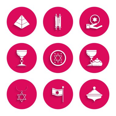 Yahudi sikkesi, İsrail bayrağı, Hanuka dreidel, kadeh ve Hanuka sufganiyot, zincirli Yıldız Davut kolyesi ve Mısır piramit ikonu. Vektör