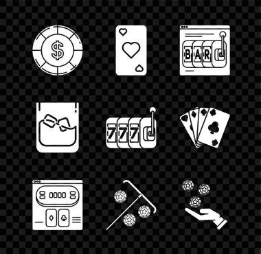 Dolar sembollü kumarhane çipi, çevrimiçi kumar makinesi, poker masası oyunu, cips çubuğu, el ele tutuşan kumarhane, bir bardak buzlu viski ve büyük ikramiye ikonu. Vektör