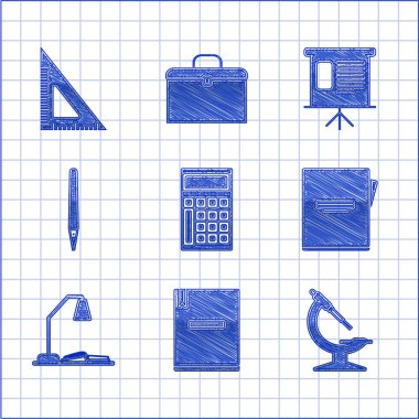 Hesap Makinesi, Not Defteri, Mikroskop, Masa lambası ve açık İşyeri, Pen, Sunum Finansal Kurulu grafiği, çizelgesi, diyagramı, bilgi grafiği, pasta grafiği ve üçgen cetvel simgesi ile ayarla. Vektör