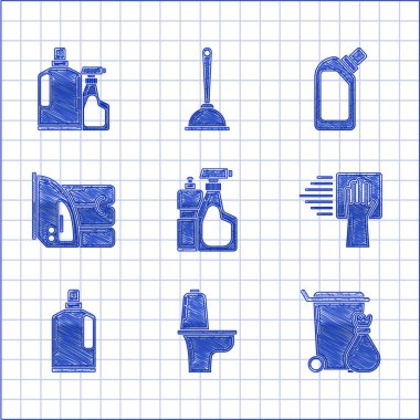 Plastik şişeleri sıvı bulaşık deterjanı, klozet, çöp tenekesi, temizlik servisi, elektrikli ütü, havlu ve ikon için ayarla. Vektör