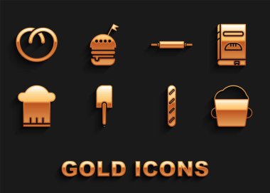 Spatula, yemek kitabı, fırın hamuru, Fransız baget ekmeği, şef şapkası, oklavalı iğne, simit ve hamburger. Vektör