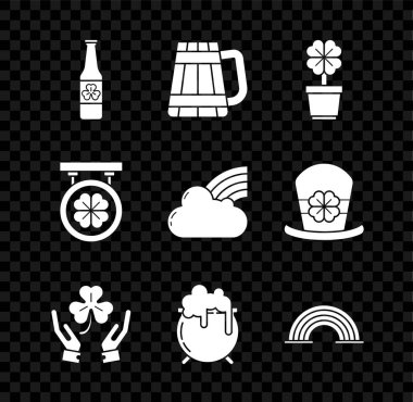Bira şişesi, dört yapraklı yonca, tahta bira kupası, tencerede dört, insan eli tutuşu, cadı kazanı, Gökkuşağı, sokak tabelası ve bulut ikonu. Vektör