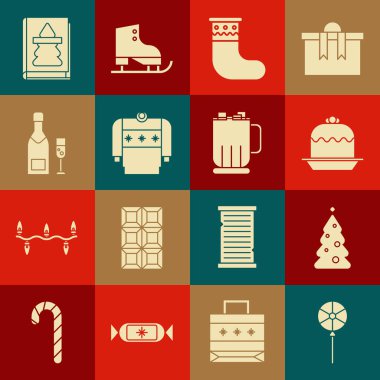 Set Lollipop, süslemeli Noel ağacı, pasta, çorap, kazak, şampanya şişesi ve bir bardak şampanya, kitap ve sıcak çikolata kupası ikonu. Vektör