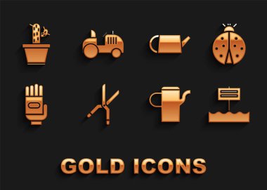 Bahçıvan el yapımı makas, uğur böceği, boş tahta tabela, su kovası, eldiven, kaktüs sulu tencere ve traktör ikonu. Vektör