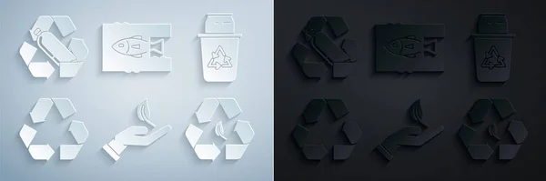 Set Sprossen in der Hand des Umweltschutzes, Papierkorb mit Recycling-Symbol Dose, Blatt, Stop Ocean Plastik-Verschmutzung und Recycling-Flasche Symbol. Vektor — Stockvektor