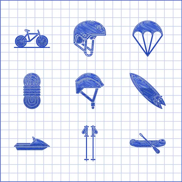Set Fahrradhelm, Skistöcke, Raftingboot, Surfbrett, Jetski, Kletterseil, Fallschirm und Symbol. Vektor — Stockvektor