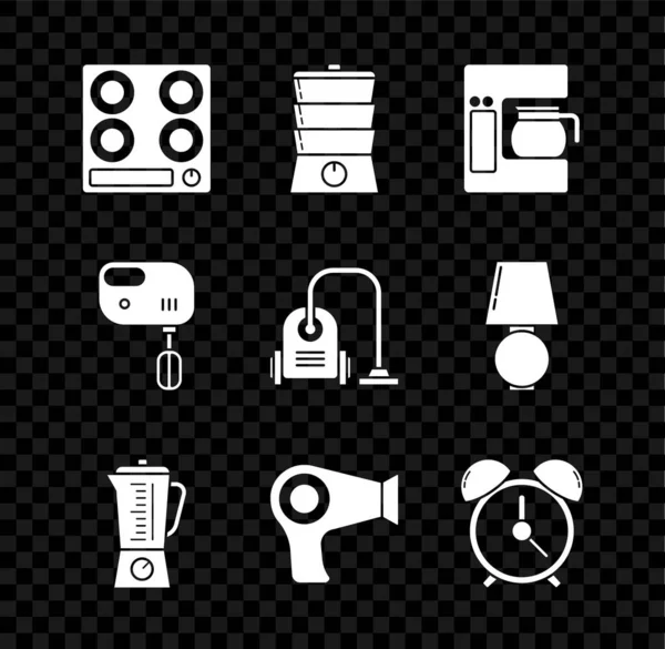 Set Plynový sporák, Dvojkotel, Kávovar se skleněnou konvicí, mixér, vysoušeč vlasů, budík, Elektrický mixér a vysavač ikona. Vektor — Stockový vektor