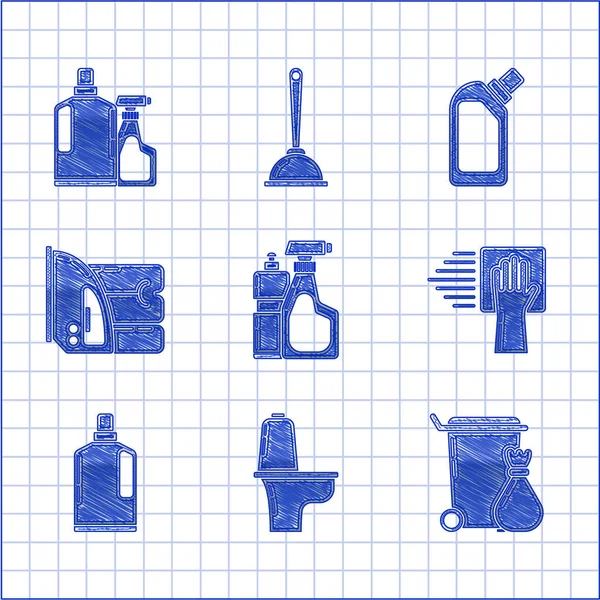 Plastik şişeleri sıvı bulaşık deterjanı, klozet, çöp tenekesi, temizlik servisi, elektrikli ütü, havlu ve ikon için ayarla. Vektör
