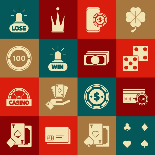 Set speelkaarten, Credit, Spel dobbelstenen, Online poker tafel spel, Casino winnen, chips, verliezen en stapels papier geld pictogram. Vector — Stockvector