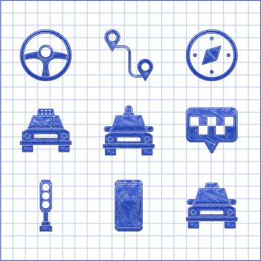 Taksi, telefon servisi, taksi, trafik ışığı, pusula ve direksiyon simgesi olan harita işaretleyici ayarla. Vektör