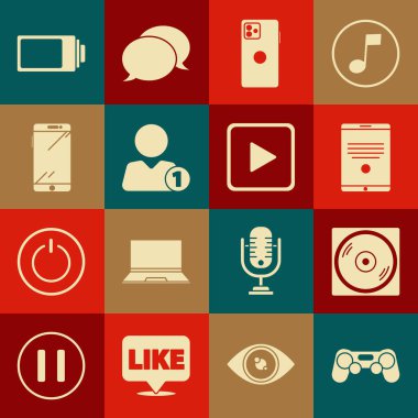 Gamepad, Vinil disk, Tablet, Smartphone, cep telefonu, arkadaşınıza Ekle, pil şarj seviyesi göstergesi ve kare simgesini oynat. Vektör