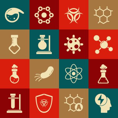 Baş ve elektrik sembolü, deney tüpü kimyasalı, molekül, biyolojik tehlike, stand ve bakteri ikonu. Vektör