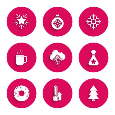 Karlı Bulut, Meteoroloji termometresi, Noel ağacı, Noel Baba çantası hediyesi, tatlı çörek, kahve fincanı, kar tanesi ve yıldız ikonu. Vektör