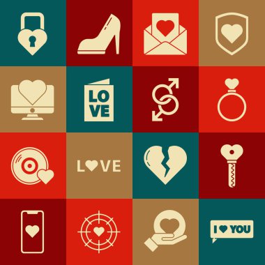 Konuşma baloncuğunu seni seviyorum ile ayarla, kalp şeklinde anahtar, alyans, zarf, sevgililer günü partisi broşürü, bilgisayar monitörü, Castle of ve erkek cinsiyet simgesi ikonu. Vektör
