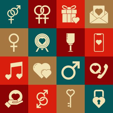 Castle 'ı kalp şeklinde ayarla, konuşma balonlu telefon, Mobile, hediye kutusu ve, Kalp Merkezi hedef hedefi, kadın cinsiyet sembolü, cinsiyet ve şarap ikonu. Vektör