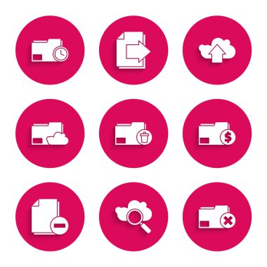 Silme dizinini, Arama Bulutu hesaplamasını, Finans belgesini, Eksisi olan belgeyi, Bulut depolama metnini, yükleme ve saat simgesini ayarla. Vektör