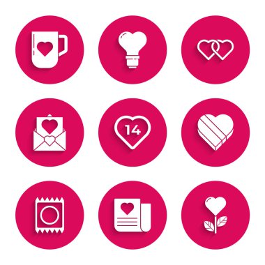 Set Heart, Zarif Kalp, Şekil Çiçeği, Şeker Şekeri Kutusu, Kondom Paketi, İki Bağlı Kalp ve Kahve Bardağı ikonu. Vektör