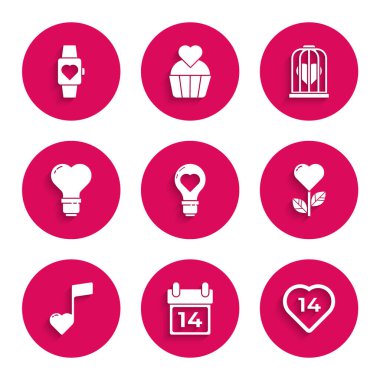 Kalp şeklini bir ampulde ayarla, Takvim 14 Şubat, çiçek, nota, ton kalpleri, kuş kafesi ve merkez kol saati ikonu. Vektör