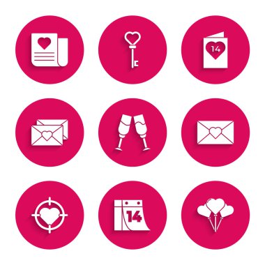 Şampanya kadehi, 14 Şubat takvimi, Balonlar formda, Sevgililer Günü broşürü, Envelope Valentine, Heart the Center Dart hedefi, Sevgililer Günü broşürü ve ikonu. Vektör