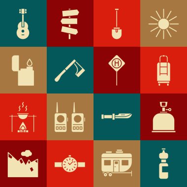 Bir şişe su, kamp gazı sobası, bavul, kürek, tahta balta, çakmak, gitar ve park ikonu. Vektör