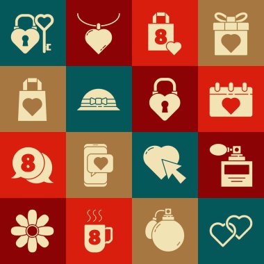 İki Bağlı Kalpler, Parfüm, Takvim 8 Mart, alışveriş çantası kalbi, zarif kadın şapkası, Castle ve anahtar şekli ve ikon. Vektör
