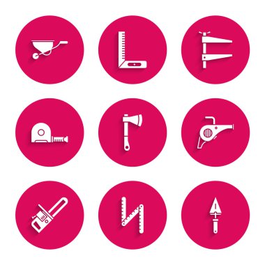 Tahta baltayı, katlanan cetveli, Trowel 'i, Leaf bahçe üfleyicisini, elektrikli testereyi, Rulet inşaatını, kıskaç aletini ve Wheelbarrow simgesini ayarlayın. Vektör