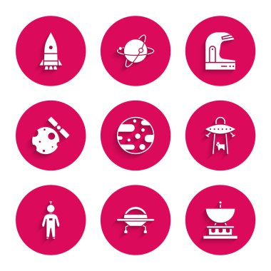 Mars Gezegeni, UFO uçan uzay gemisi, uydu çanağı, ineği, astronotu, Dünya 'nın yörüngesindeki uyduları, miğferi ve roket ikonunu kaçırır. Vektör