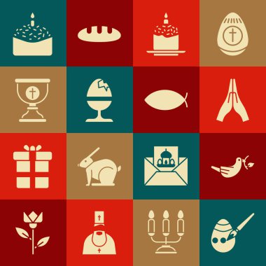 Paskalya yumurtası, boya fırçası zeytin dallı barış güvercini, dua eden eller, pasta mumu, tavuk standı, Hıristiyan kadehi ve balık ikonu. Vektör