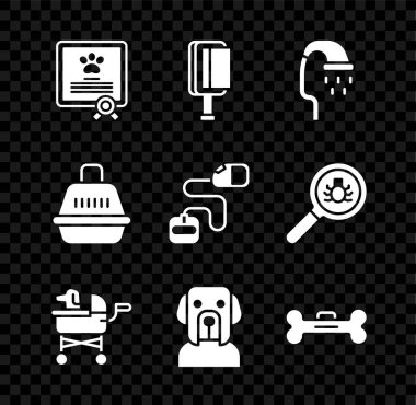 Köpek ya da kedi sertifikası, saç fırçası, bebek arabası, köpek, kemik, çanta ve geri çekilebilir ip tasma ikonu. Vektör