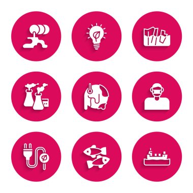 Küresel ısınma, ölü balık, petrol tankeri, yüz koruyucu maske, elektrik prizi yaprağı fabrikadan duman, buzul erimesi ve fıçı yağı sızıntısı ikonu. Vektör