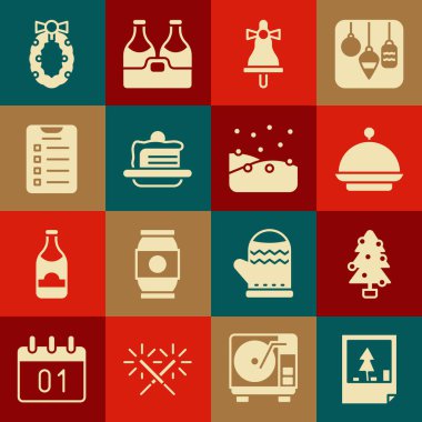 Noel kartpostalı, ağaç, tepsiyle kaplı Mutlu zil, pasta, yeni yıl hedefleri listesi, çelenk ve kar düşüşü ikonu. Vektör