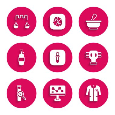 Pipette, kimyasal formül, laboratuvar üniforması, gaz maskesi, tüp ve matara, propan gazı deposu, havan topu ve ikon. Vektör