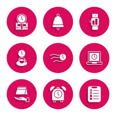 Saati ayarla, Alarm, dizüstü bilgisayar zamanı, takvim, kahve, Smartwatch ve para ikonu. Vektör