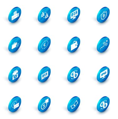 Para değişimi, kripto para birimi, bitcoin, cüzdan paraları, cam para kavanozu, sikke euro sembolü, yüzde yukarı ok ve simge ile kalkan. Vektör