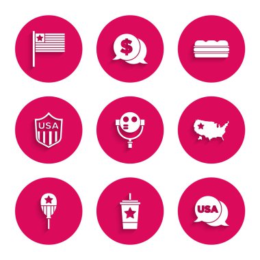 Turist dürbünü, kamışlı kağıt bardak, ABD Bağımsızlık Günü, harita, Balonlar, Kalkan Yıldızları, Sandviç ve Amerikan bayrak ikonu. Vektör