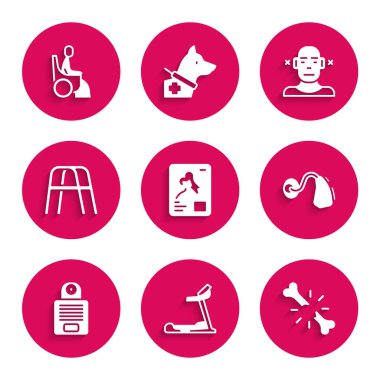 Röntgen, koşu bandı, kırık kemik, işitme cihazı, Intercom, Walker, sağır ve kadın tekerlekli sandalye ikonu. Vektör