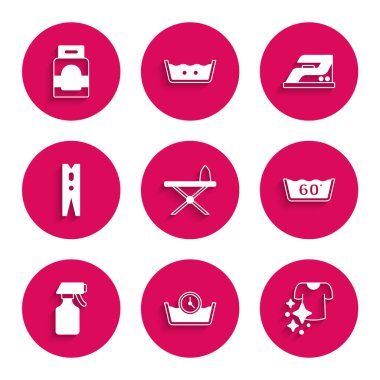 Demir ve ütü masası, zaman temizleme, kuru giysiler, sıcaklık, su püskürtme şişesi, elbise iğnesi, elektrik ve çamaşır deterjanı ikonu. Vektör