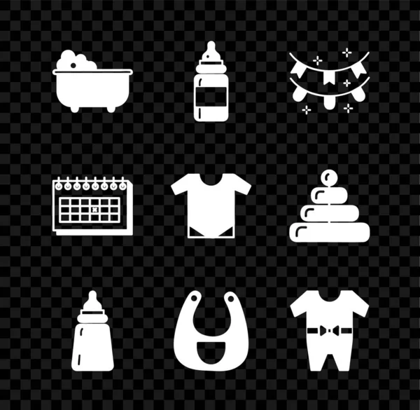 Комплект Baby ванна, бутылка, гирлянда карнавала с флагами, нагрудник, одежда, календарь и икона ползунков. Вектор — стоковый вектор