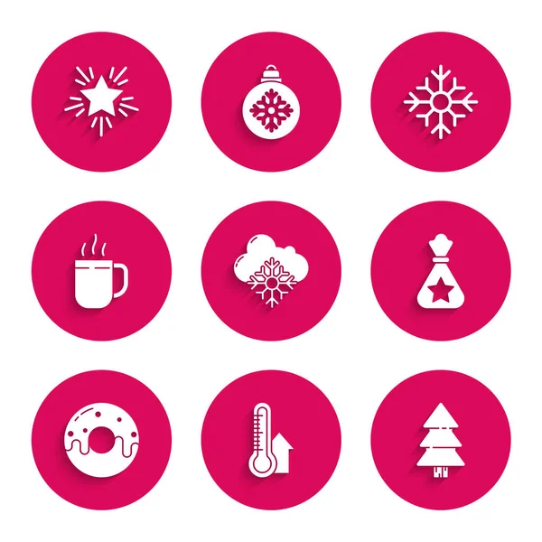 Ensemble Nuage avec neige, thermomètre météorologie mesure, arbre de Noël, cadeau sac Père Noël, glaçure douce beignet, tasse à café, flocon de neige et icône étoile. Vecteur — Image vectorielle
