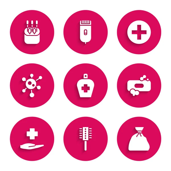 Set Flaska med flytande antibakteriell tvål, Hårborste, Sopsäck, Bar, Cross sjukhus medicinsk, Virus, och Bomull svabb för öron ikon. Vektor — Stock vektor