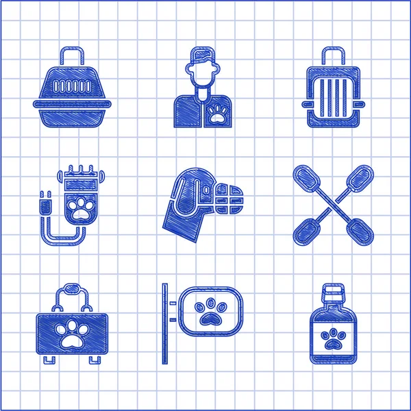 Set Dog in muzzle, Pet grooming, medicine bottle, Cotton swab for ears, first aid kit, Hair clipper pet, carry case and icon. Vector — Stock Vector