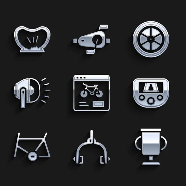 Set application mobile de location de vélos, étriers de frein, coupe de prix avec vélo, carte de l'appareil GPS, cadre, lampe frontale, roue et icône de pneu perforé. Vecteur — Image vectorielle