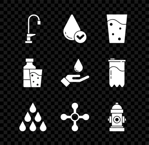 Набор воды кран, капля, стекло с водой, пожарный гидрант, бутылка стекла и мыльные руки икона мыла. Вектор — стоковый вектор