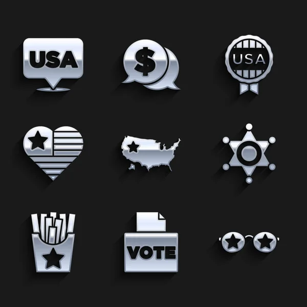 Set USA map, Vote box, Óculos com estrelas, Xerife Hexagram, Batatas fritas em, Dia da independência, Medalha e ícone. Vetor —  Vetores de Stock