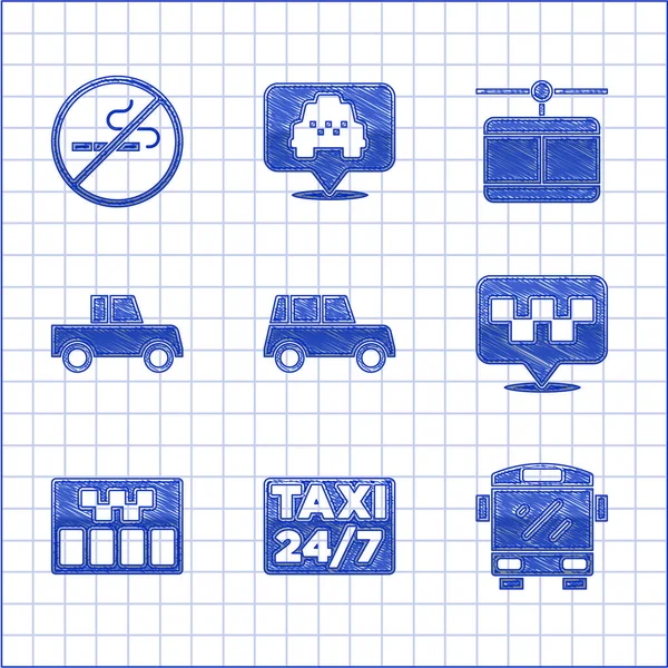 Set Car, Localização com táxi, Ônibus, Taximeter, Teleférico e ícone No Smoking. Vetor —  Vetores de Stock