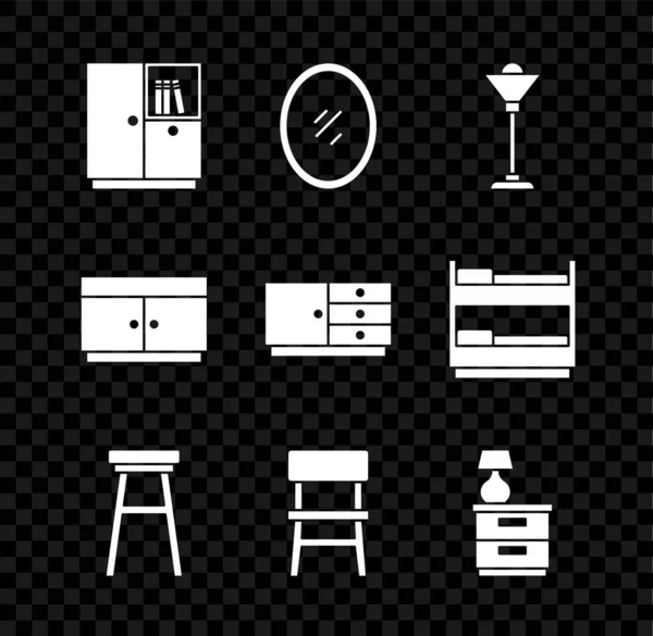 Armario, Espejo, Lámpara de pie, Silla, Muebles de mesa de noche con, Pecho de cajones e icono. Vector — Archivo Imágenes Vectoriales